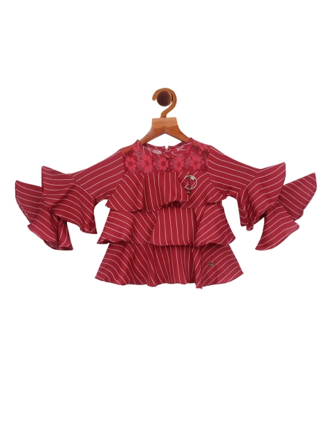 Tiny Girl Maroon & White Striped Bell Sleeve Layered Tiered Top