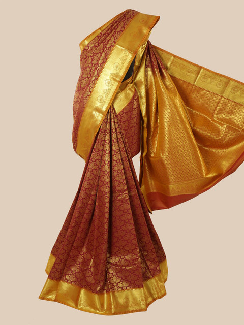 

Pothys Maroon & Gold-Toned Woven Design Zari Silk Blend Heavy Work Saree