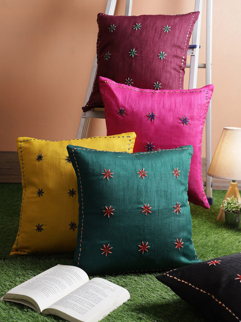 

RANGDESI Pink & Yellow Set of 5 Embroidered Square Cushion Covers
