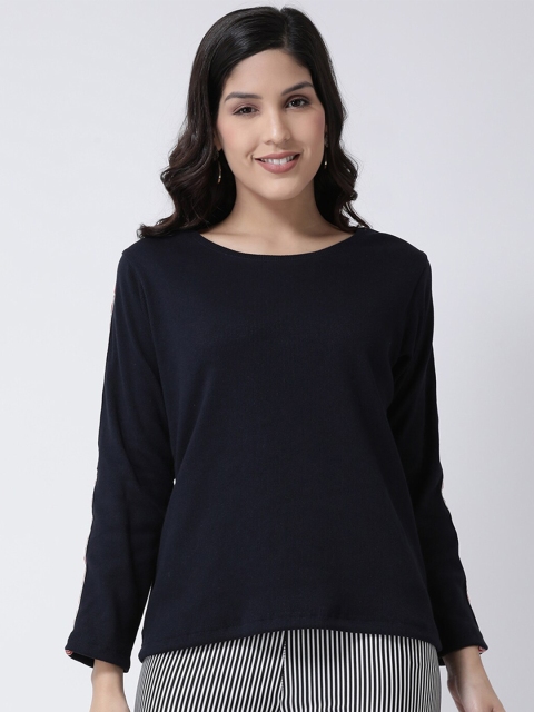 

GRIFFEL Women vy Blue Drop-Shoulder Sleeves Raw Edge T-shirt, Navy blue