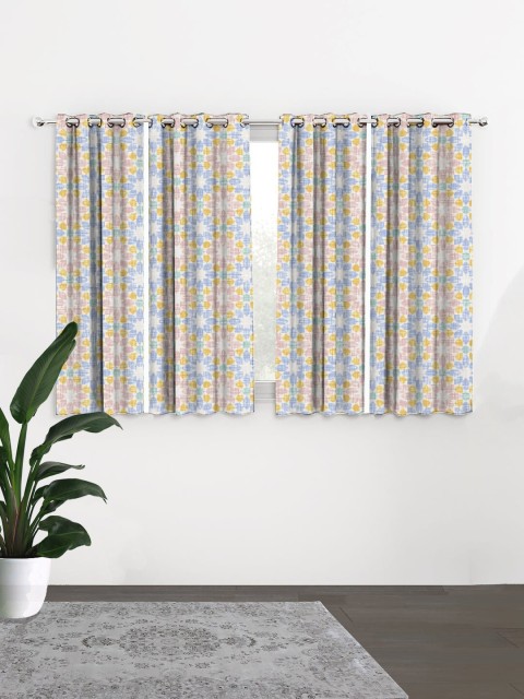 

HOUZZCODE White & Blue Set of 4 Black Out Window Curtains