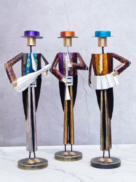 

Golden Peacock Set Of 3 Multi Iron Musician Man with Hat Figurine Showpiece