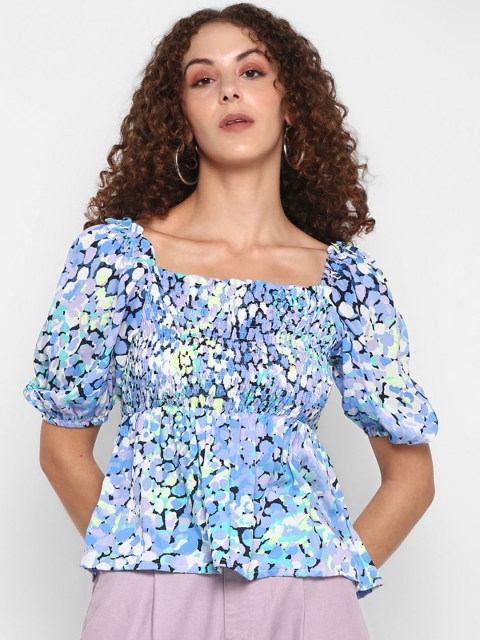 

FOSH Blue & Green Puff Sleeve Smocked Cinched Waist Top