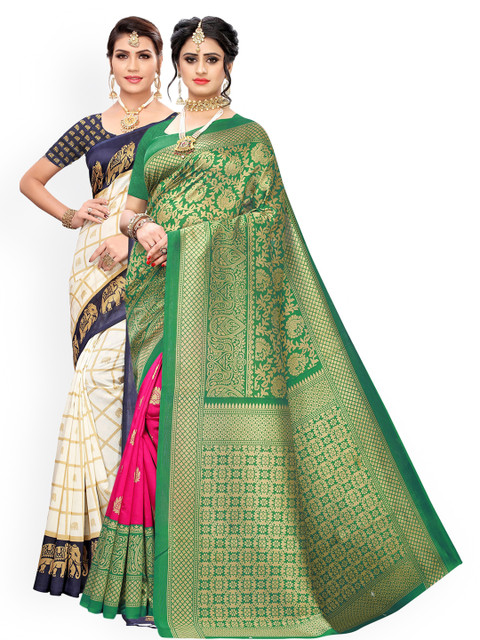 

KALINI Pack of 2 Cream & Green Woven Design Art Silk Saree