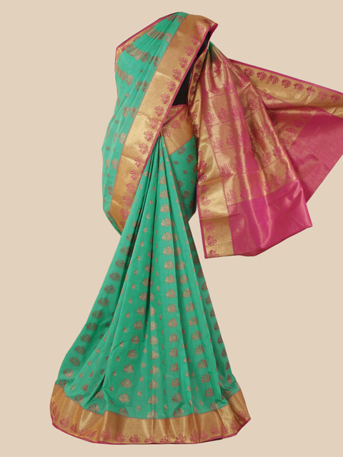

Pothys Sea Green & Pink Ethnic Motifs Zari Silk Blend Saree