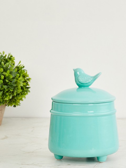 

Home Centre Teal Blue Solid Decorative Jar With Bird Lid