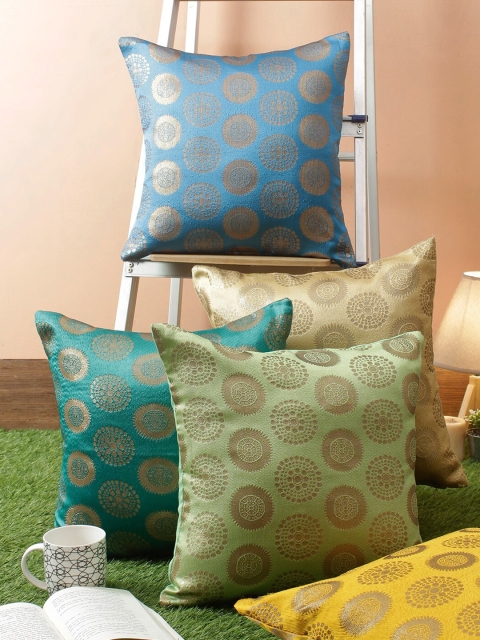 

RANGDESI Green & Blue Set of 5 Ethnic Motifs Square Cushion Covers