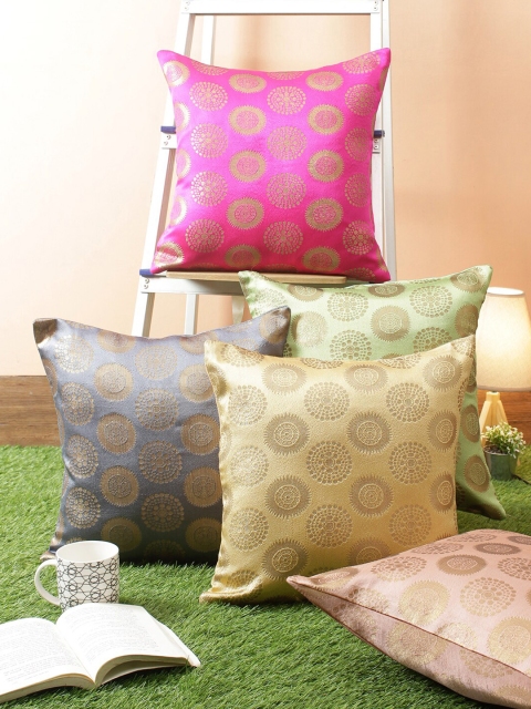 

RANGDESI Multicoloured & Grey Set of 5 Ethnic Motifs Square Cushion Covers, Multi