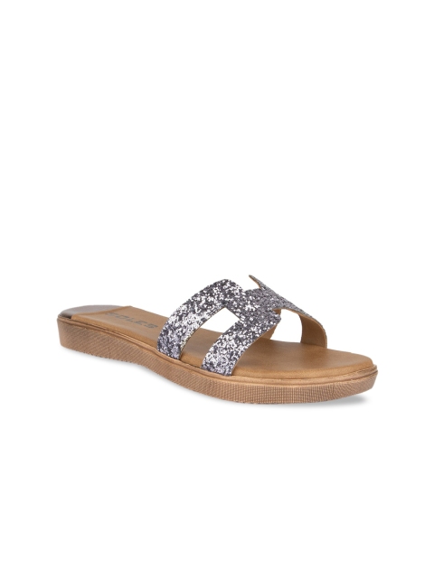 

SOLES Women Gunmetal-Toned Embellished Open Toe Flats, Metallic
