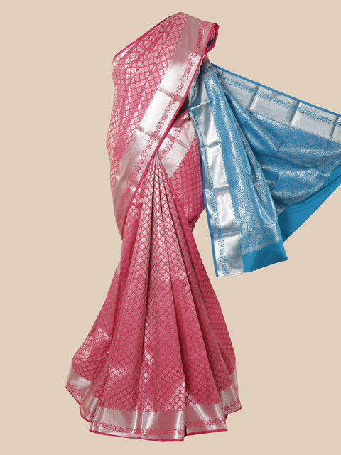 

Pothys Pink & Silver-Toned Woven Design Zari Silk Blend Saree