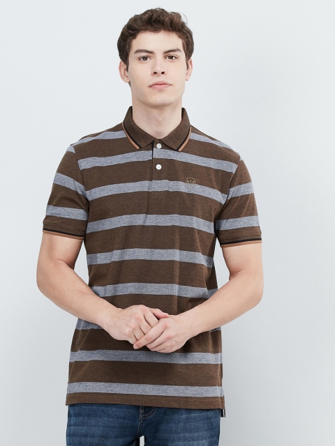 

max Men Brown & Grey Striped Polo Collar Slim Fit T-shirt
