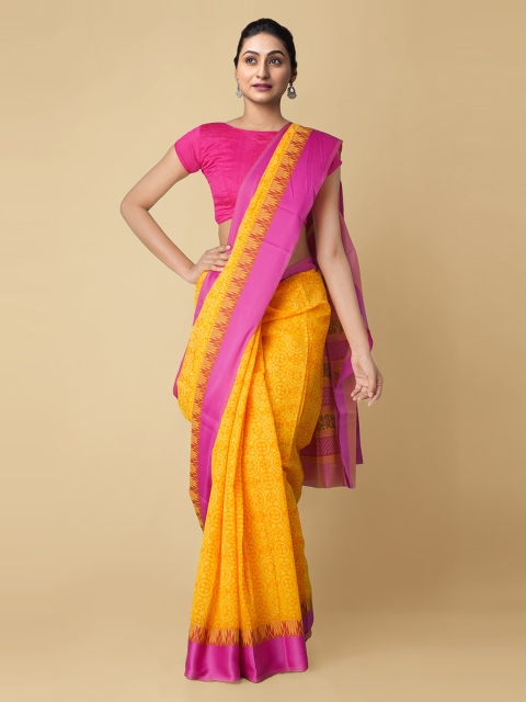 

Unnati Silks Yellow & Pink Ethnic Motifs Silk Cotton Chanderi Sustainable Saree