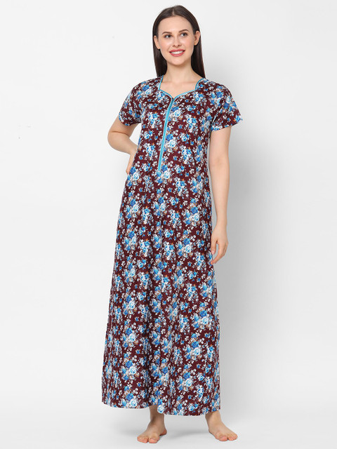

Sweet Dreams Maroon & Blue Printed Cotton Nightdress