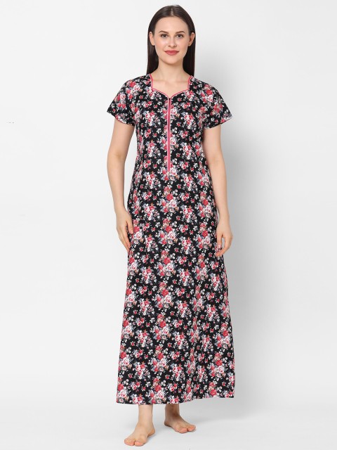 

Sweet Dreams Black & Pink Floral Printed Nightdress