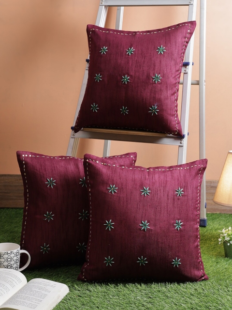 

RANGDESI Burgundy Set of 3 Embroidered Square Cushion Covers