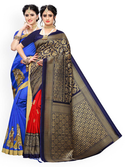 

KALINI Pack Of 2 Blue & Gold-Toned Ethnic Motifs Zari Art Silk Sarees