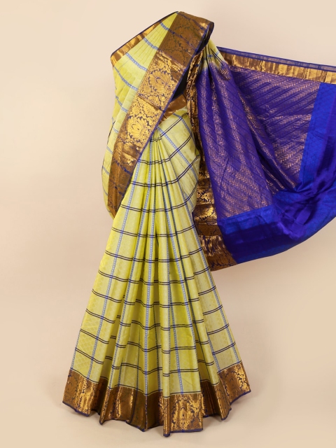

Pothys Yellow & Blue Checked Zari Pure Silk Kanjeevaram Saree