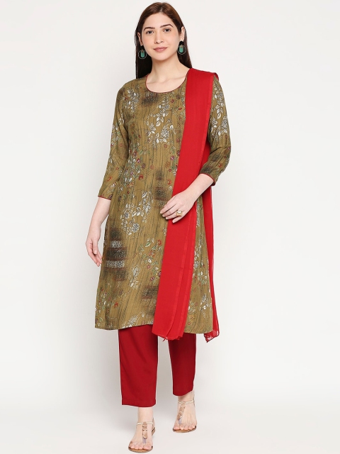 

ZRI Women Olive Ethnic Motifs Printed Layered Kurta with Trousers & With Dupatta