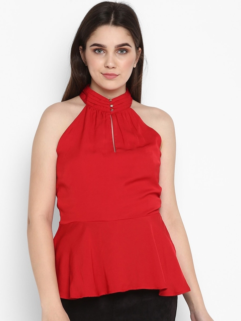

FOSH Red Halter Neck Peplum Top