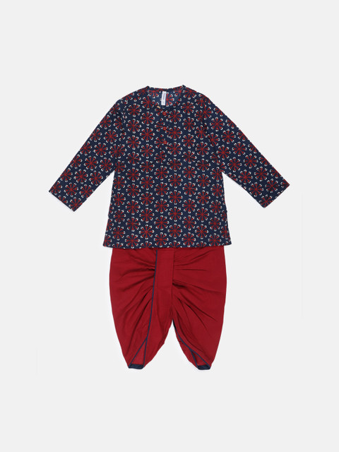 

Campana Boys Navy Blue Floral Printed Pure Cotton Kurta with Dhoti Pants