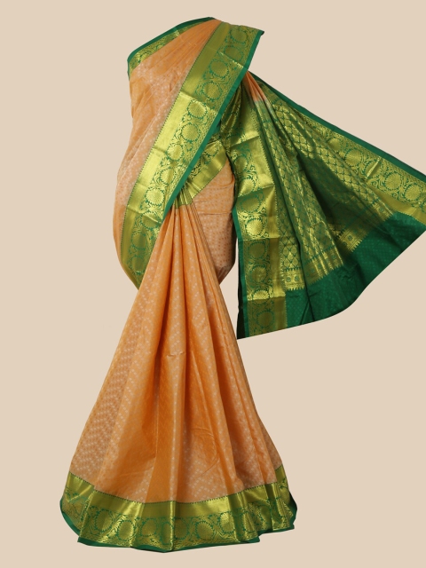 Pothys Cream & Green Woven Design Zari Silk Blend Saree