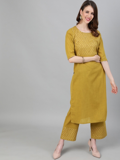 

Jaipur Kurti Women Mustard Ethnic Motifs Yoke Design Empire Kurta with Palazzos