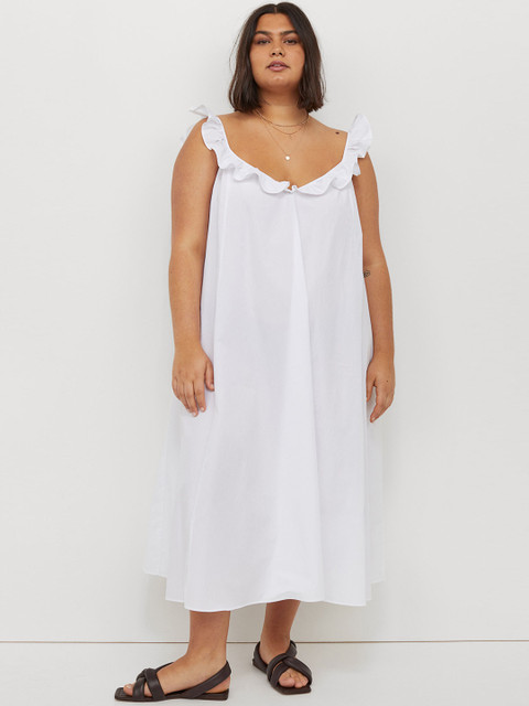 

H&M+ White Solid Flounce-Trimmed Cotton Dess