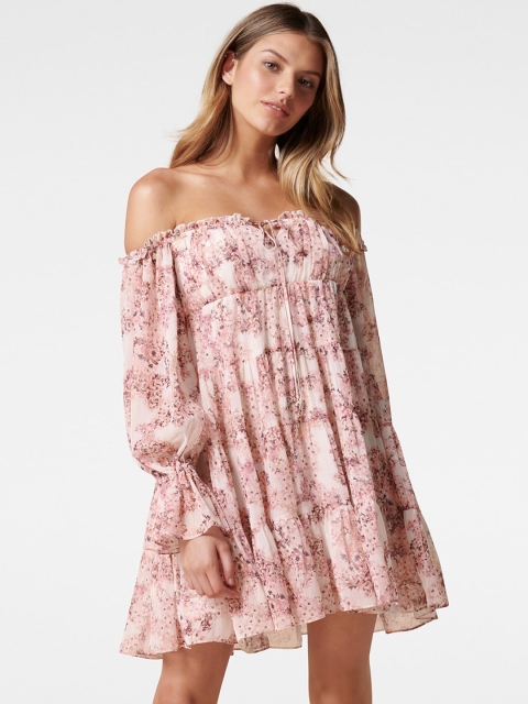 

Forever New White & Pink Floral Off-Shoulder A-Line Dress