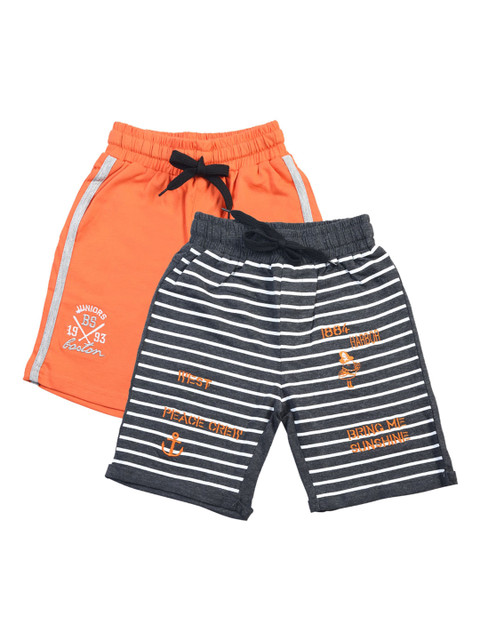 

CRAZYPENGUIN Kids Grey & Orange Pack of 2 Striped Mid-Rise Regular Shorts