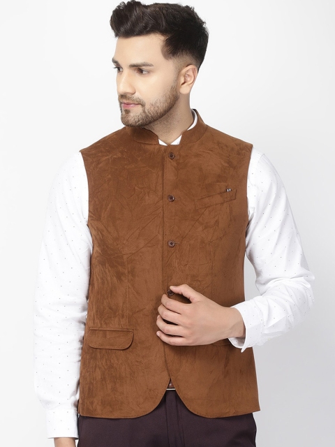 

Blackberrys Men Brown Solid Woven Nehru Jacket