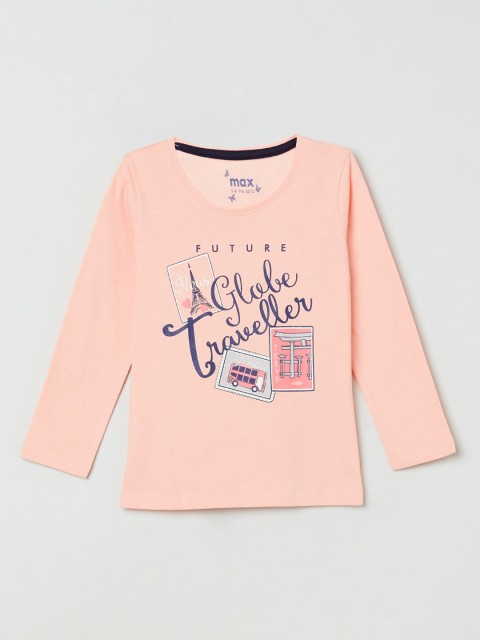 

max Girls Pink Cotton Printed Round Neck T-shirt