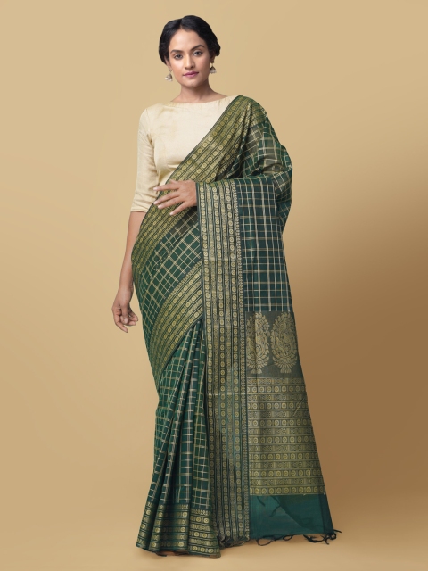 

Unnati Silks Green Pure Cotton Checked Mysore Silk Saree