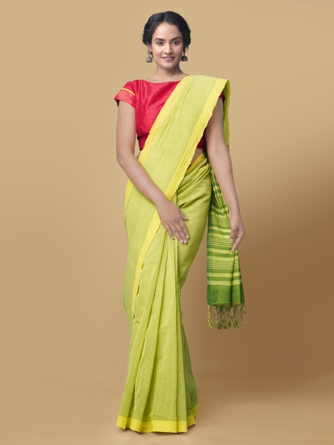 

Unnati Silks Green Pure Cotton Solid Mangalagiri Handloom Saree