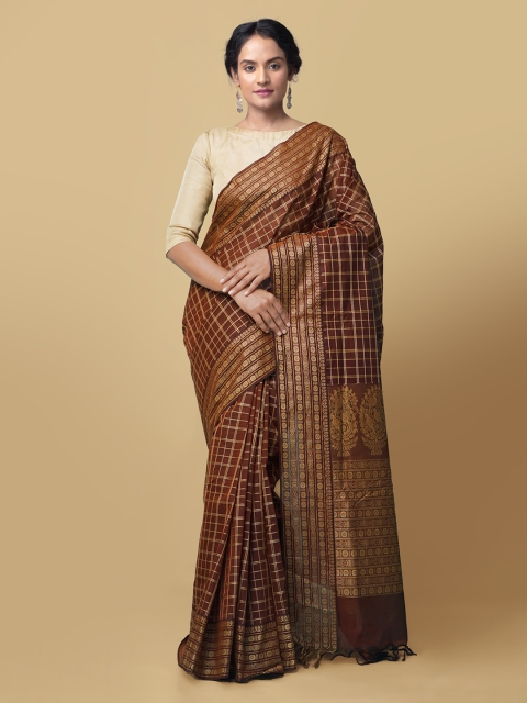 

Unnati Silks Maroon Pure Cotton Checked Mysore Silk Saree