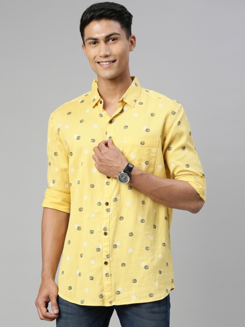 

William White Men Yellow & Black Slim Fit Printed Casual Shirt