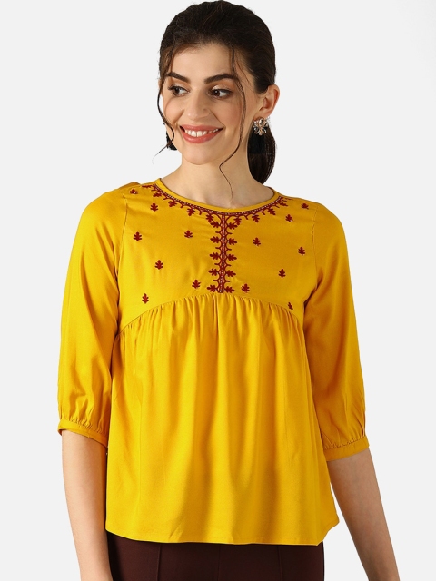 

V2 Value & Variety Yellow Geometric Embroidered Regular Top