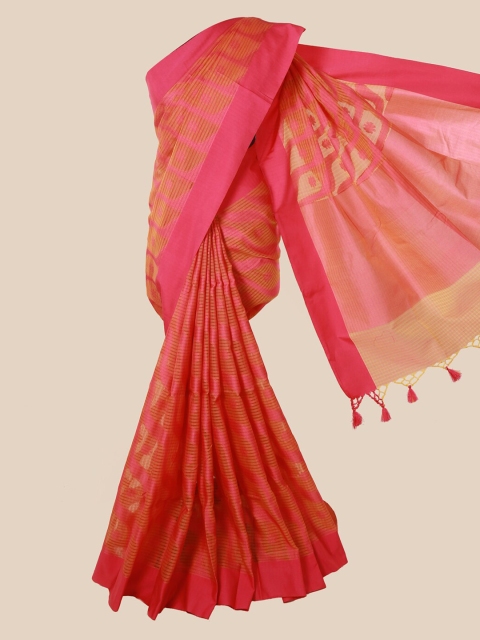 

Pothys Pink & Yellow Supernet Striped Saree