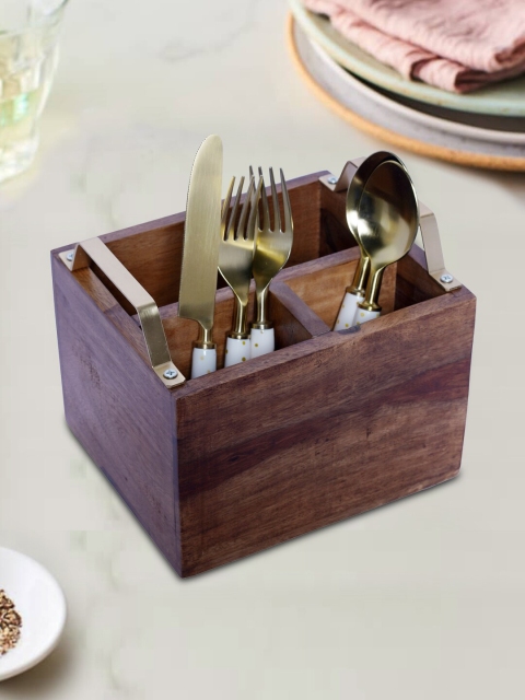

nestroots Brown & Gold-Toned Cutlery Stand With Fork & Spoon Set