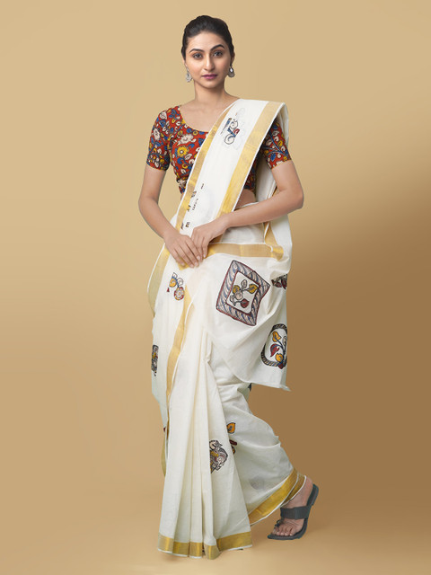 

Unnati Silks White & Brown Pure Cotton Printed Kasavu Saree