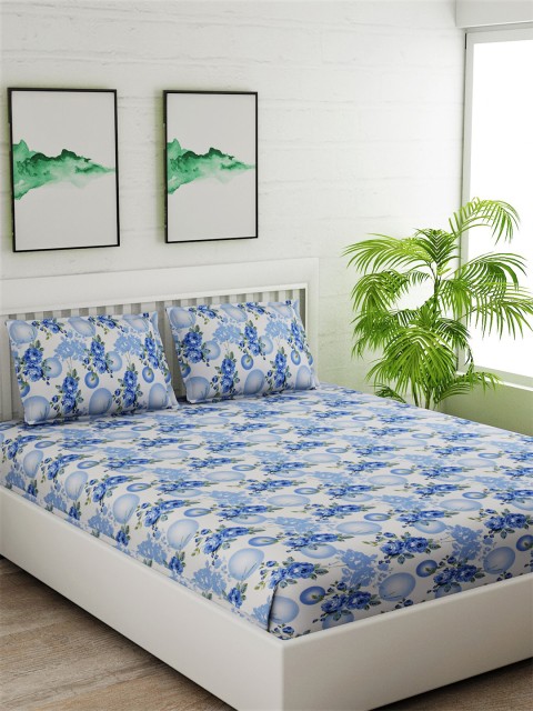 

Salona Bichona White & Blue Floral 144 TC Cotton 1 Queen Bedsheet with 2 Pillow Covers