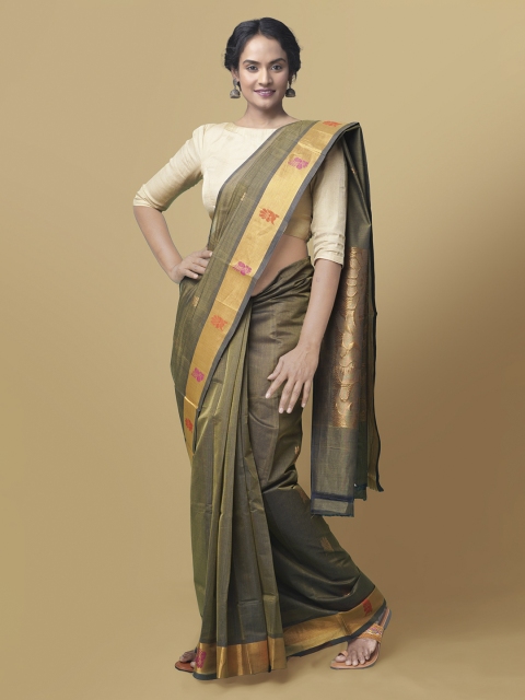 

Unnati Silks Green Pure Cotton Solid Venkatgiri Saree