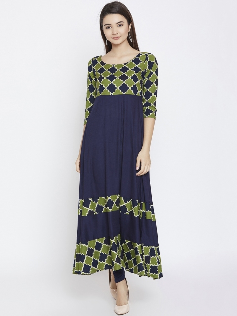 

PANIT Women Navy Blue & Green Geometric Printed Anarkali Kurta