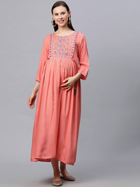 

MomToBe Women Peach-Coloured & Blue Embroidered Maxi Maternity Dress