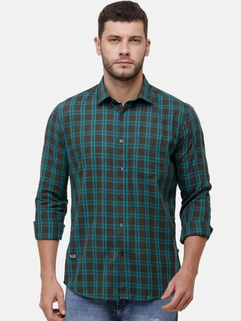 

Alan Scott Men Teal Green & Brown Regular Fit Checked Pure Cotton Casual Shirt