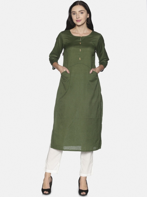 

Saffron Threads Women Green Cotton Linen Kurta