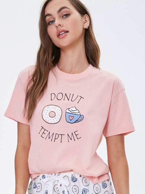 

FOREVER 21 Women Pink & White Printed Night suit