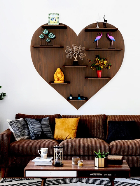 

WALLMANTRA Brown Heart Shaped MDF Basic Wall Shelf