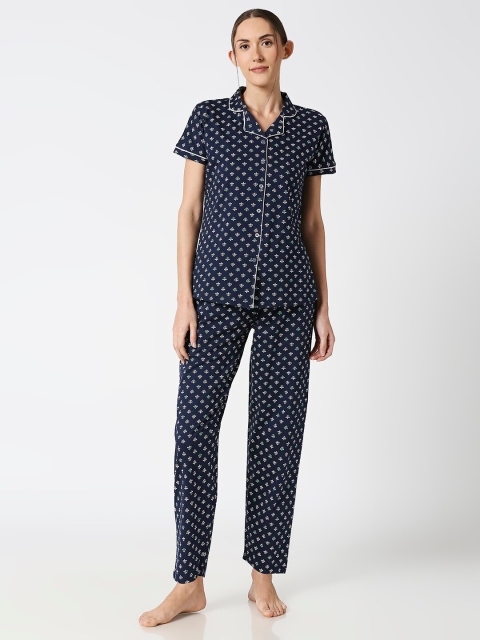 

AV2 Women Navy Blue & White Printed Night suit