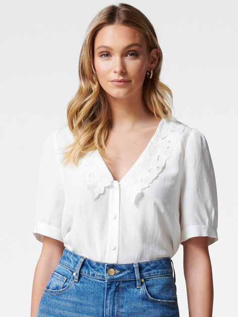 

Forever New Women White Embroidered Collar Top