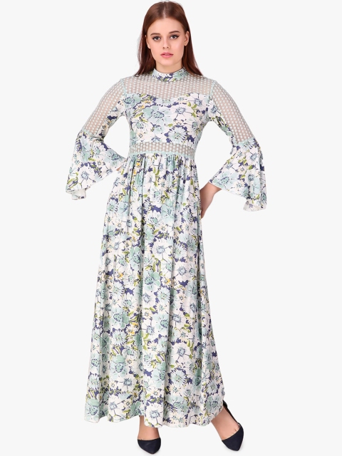 

Texco Women White & Blue Floral Print Cotton Maxi Dress